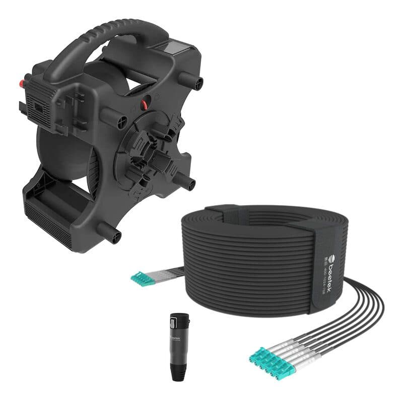 Kit cavo fibra ottica armato 150m 12 fibre LC OM3 + avvolgicavo DF200 - BEETEK BEE-G202-150U-12LC-KIT