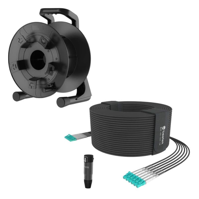Kit cavo fibra ottica armato 300m 12 fibre LC OM3 + avvolgicavo PCD380 - BEETEK BEE-G202-300U-12LC-KIT