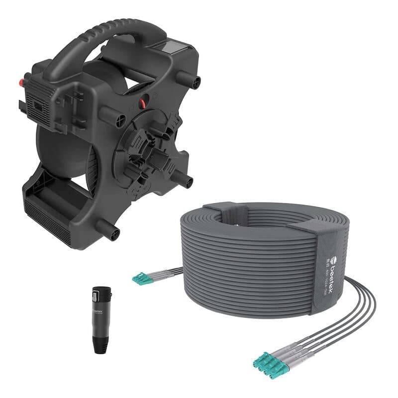 Kit fibra ottica armata OM3 150m 4 LC con avvolgicavo DF200 - BEETEK BEE-G300-150U-4LC-KIT