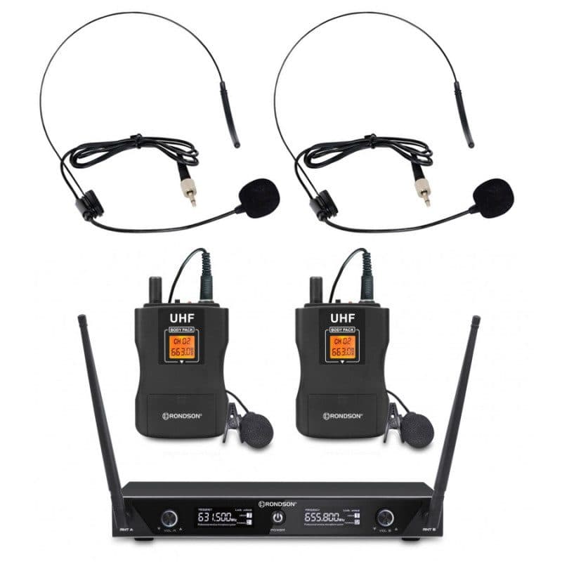 Set radiomicrofoni UHF 2 canali 2 bodypack lavalier e ad archetto - RONDSON RON-02521-3