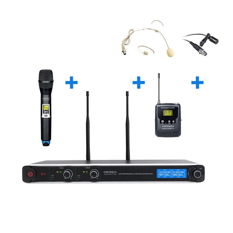 Set radiomicrofono UHF doppio a mano e bodypack con ricevitore da tavolo - DEFINITIVE AUDIO 4910_DA_UHF_MHPT20