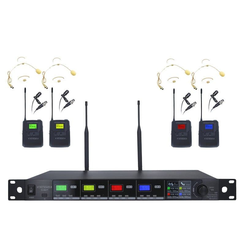 Set radiomicrofoni UHF 4 bodypack con archetto e lavalier, rack 4 canali - DEFINITIVE AUDIO TD 400 PT