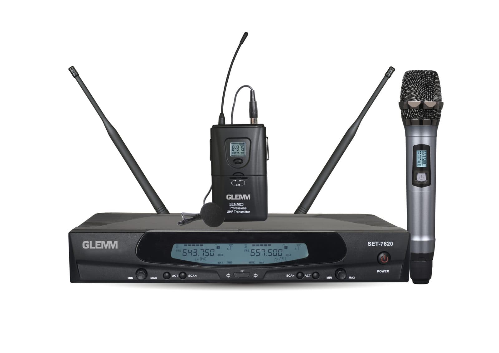 Doppio radiomicrofono UHF palmare +bodypack con lavalier - Glemm SET 7620PL