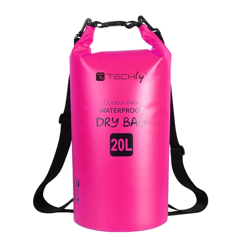 Sacca Impermeabile 20L Dry Bag Tracolla Regolabile Fucsia - Techly ICA-NB5 WP1020P